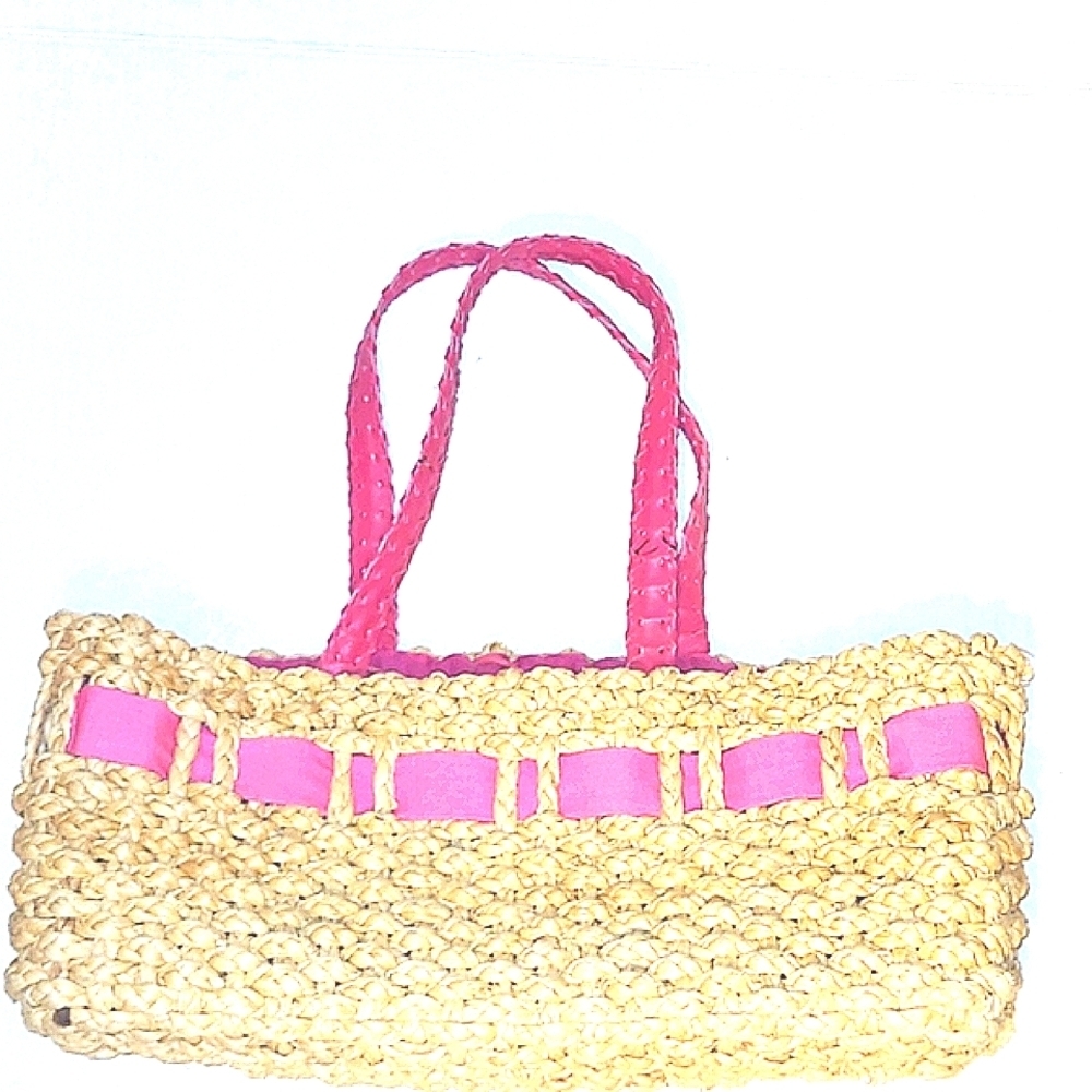 Bag Sun N Sand Vintage Barrel Basket Weave Natural w Pink Ribbon Trim Purse